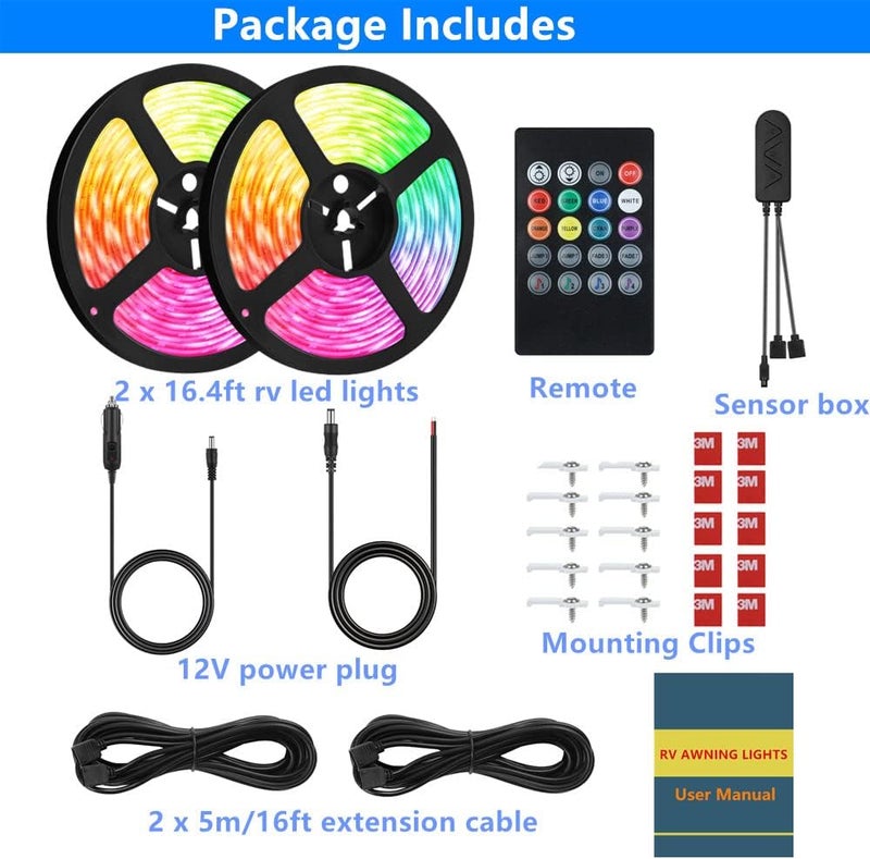Vbakor RV Awning Lights, 33FT RV Underglow Led Lights Kit, 12V Multi-Color Exterior Neon Accent Underbody Strip Lights for Camper Motorhome with Extension Cable, Music Sync, Waterproof - Image 2